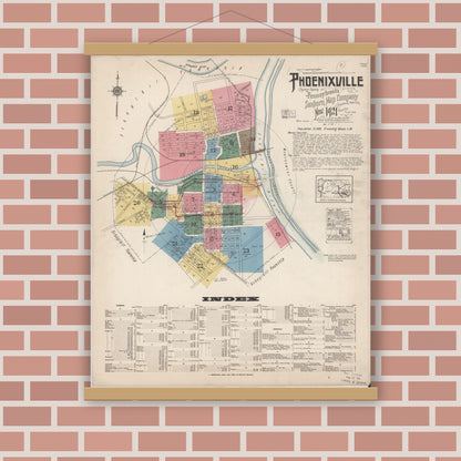 Old map wall art mockup — magnetic wood frame on brick wall — Sanborn Fire Insurance Map from Phoenixville, Chester County, Pennsylvania (1921) - Complete Map Set