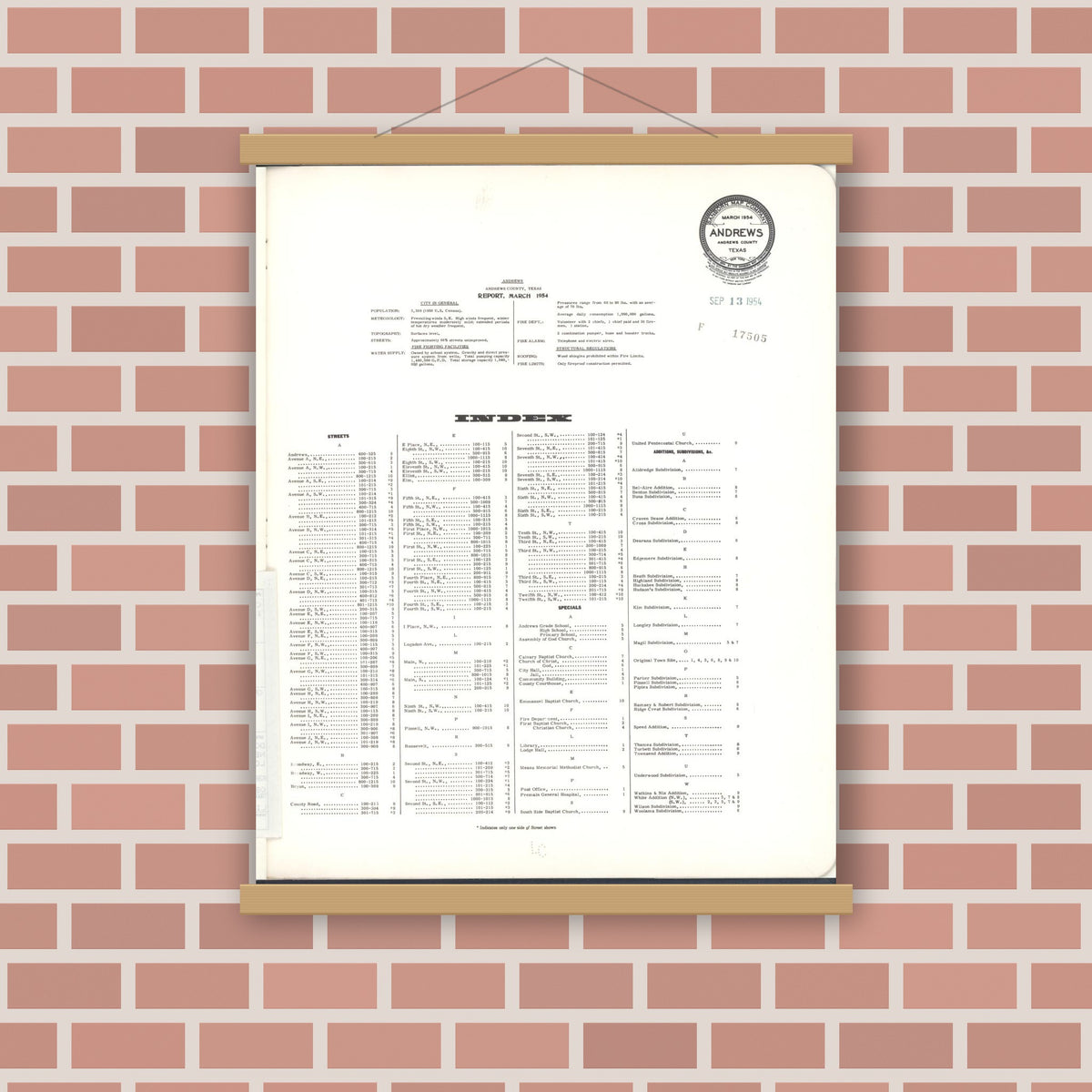 Old map wall art mockup — magnetic wood frame on brick wall — Sanborn Fire Insurance Map from Andrews, Andrews County, Texas (1954), Sheet #0001