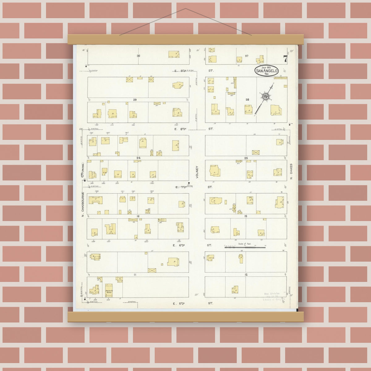 Old map wall art mockup — magnetic wood frame on brick wall — Sanborn Fire Insurance Map from San Angelo, Tom Green County, Texas (1913), Sheet #0007