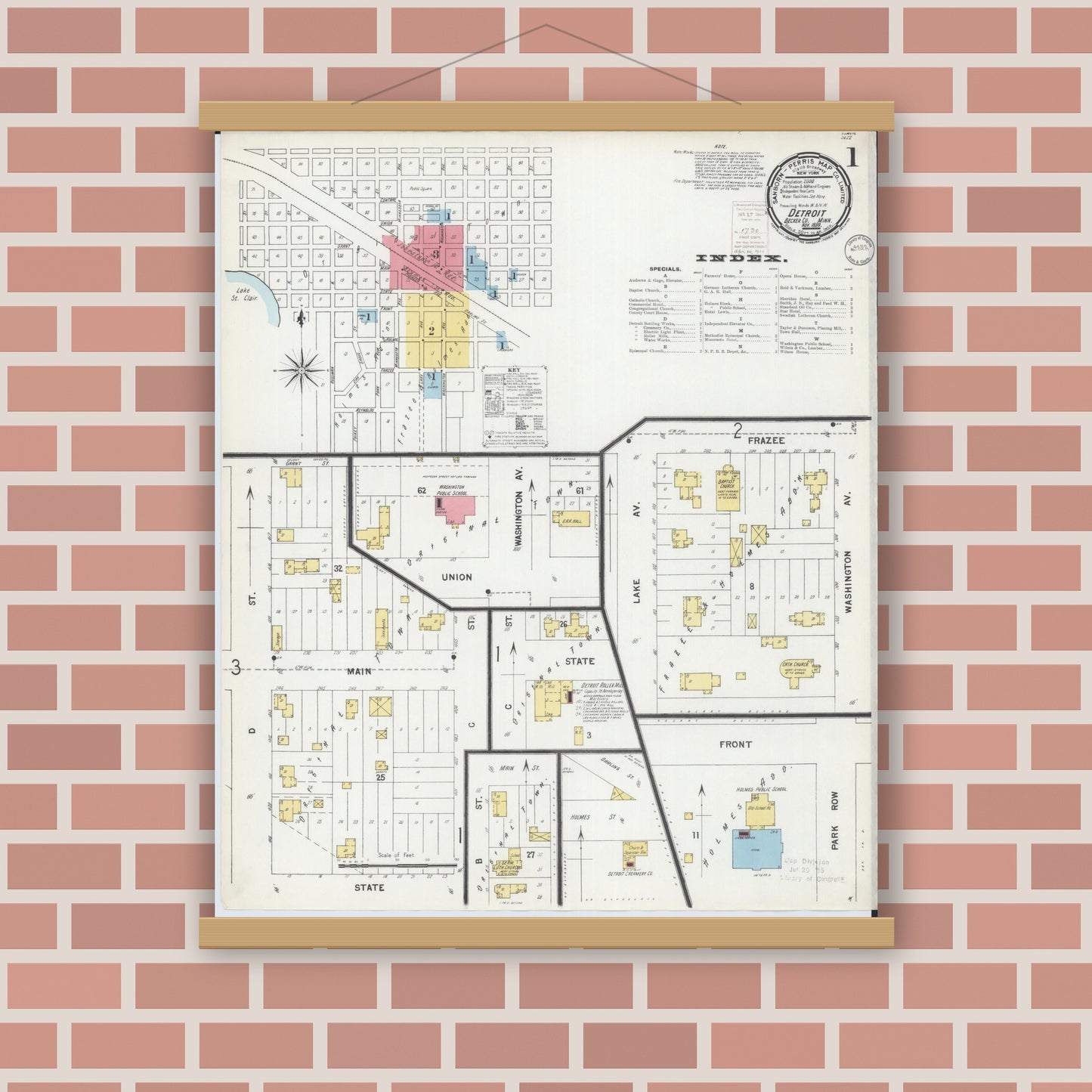 Old map wall art mockup — magnetic wood frame on brick wall — Sanborn Fire Insurance Map from Detroit Lakes, Becker County, Minnesota (1899) - Complete Map Set