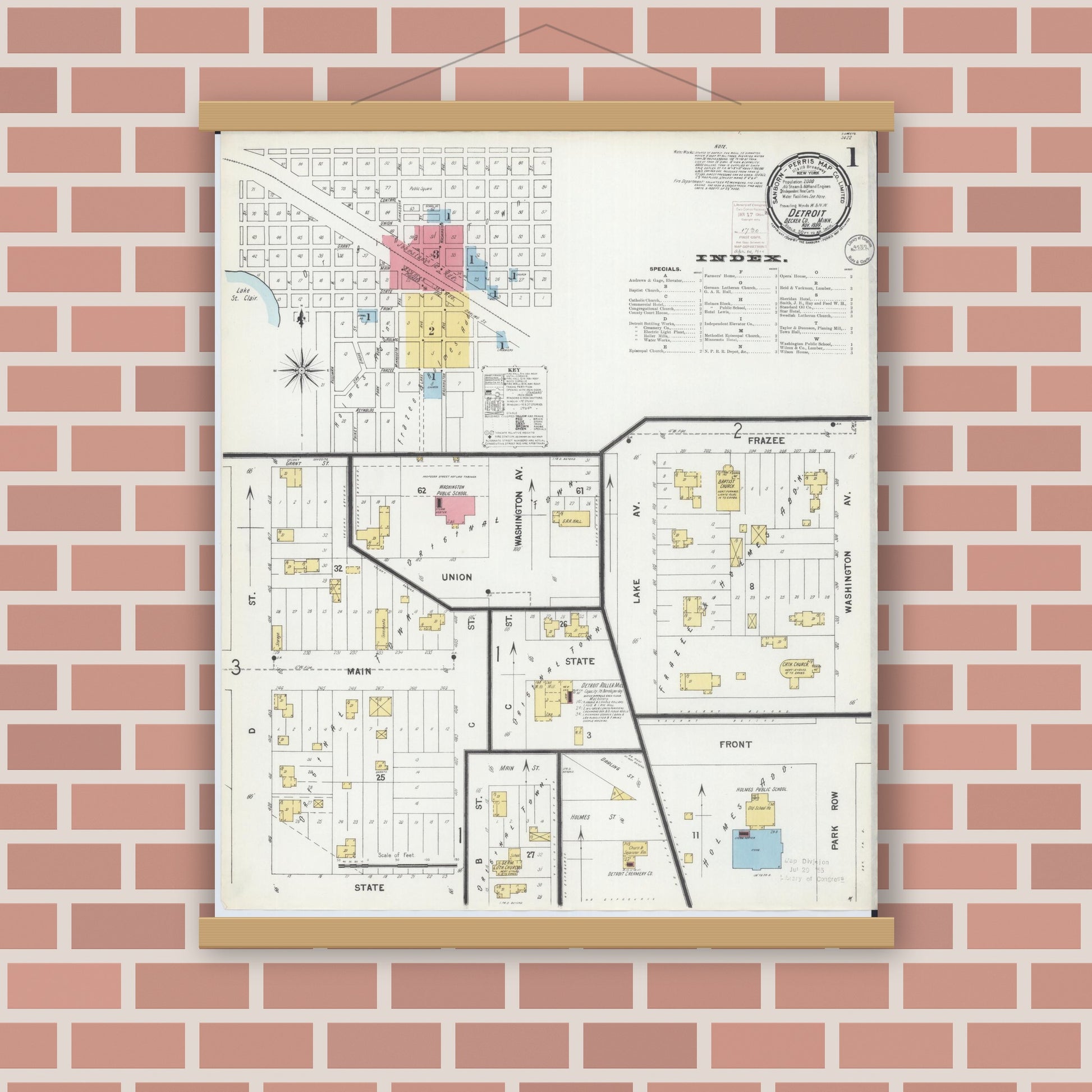 Old map wall art mockup — magnetic wood frame on brick wall — Sanborn Fire Insurance Map from Detroit Lakes, Becker County, Minnesota (1899) - Complete Map Set