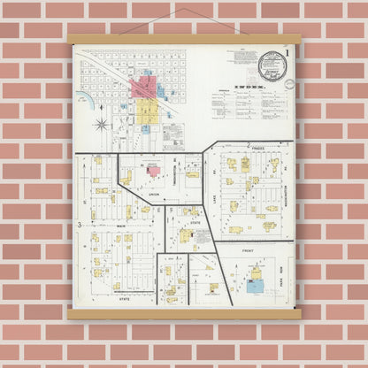 Old map wall art mockup — magnetic wood frame on brick wall — Sanborn Fire Insurance Map from Detroit Lakes, Becker County, Minnesota (1899) - Complete Map Set