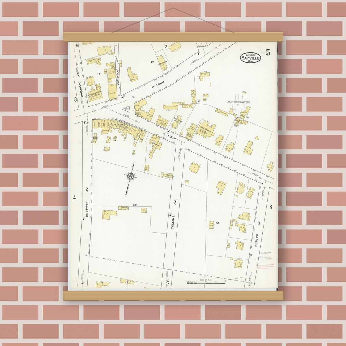 Old map wall art mockup — magnetic wood frame on brick wall — Sanborn Fire Insurance Map from Sayville, Suffolk County, New York (1915), Sheet #0005