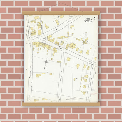 Old map wall art mockup — magnetic wood frame on brick wall — Sanborn Fire Insurance Map from Sayville, Suffolk County, New York (1915), Sheet #0005