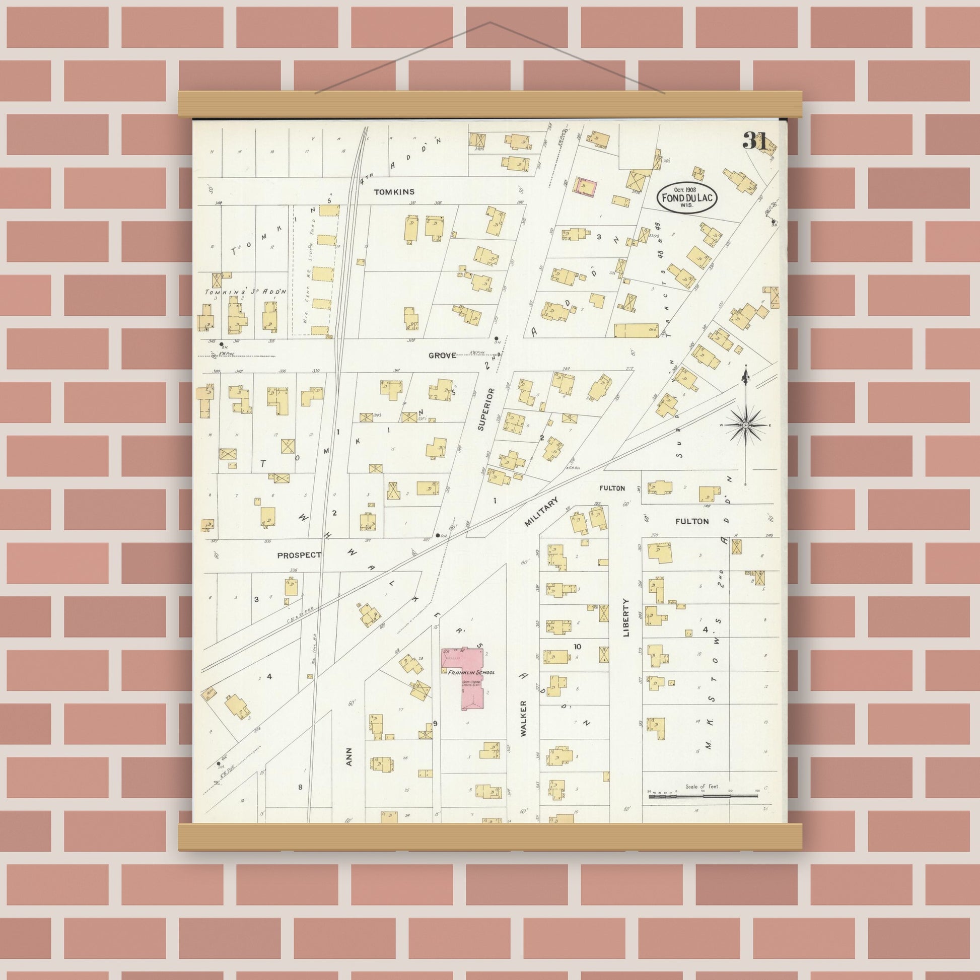 Old map wall art mockup — magnetic wood frame on brick wall — Sanborn Fire Insurance Map from Fond du Lac, Fond du Lac County, Wisconsin (1908), Sheet #0031