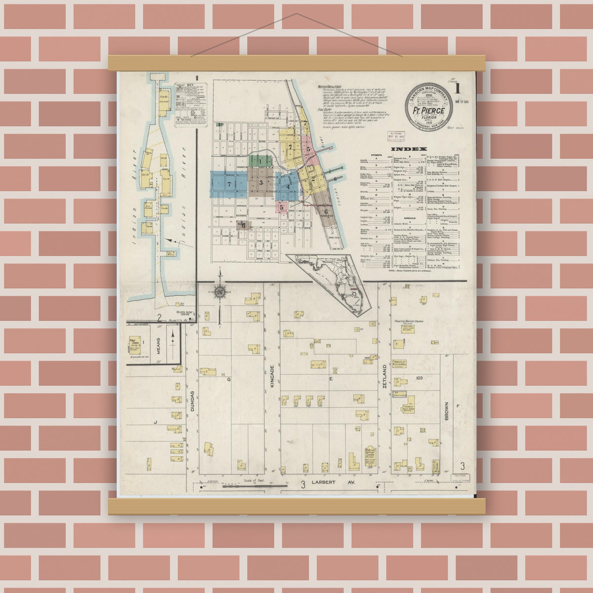 Old map wall art mockup — magnetic wood frame on brick wall — Sanborn Fire Insurance Map from Fort Pierce, St Lucie County, Florida (1915) - Complete Map Set