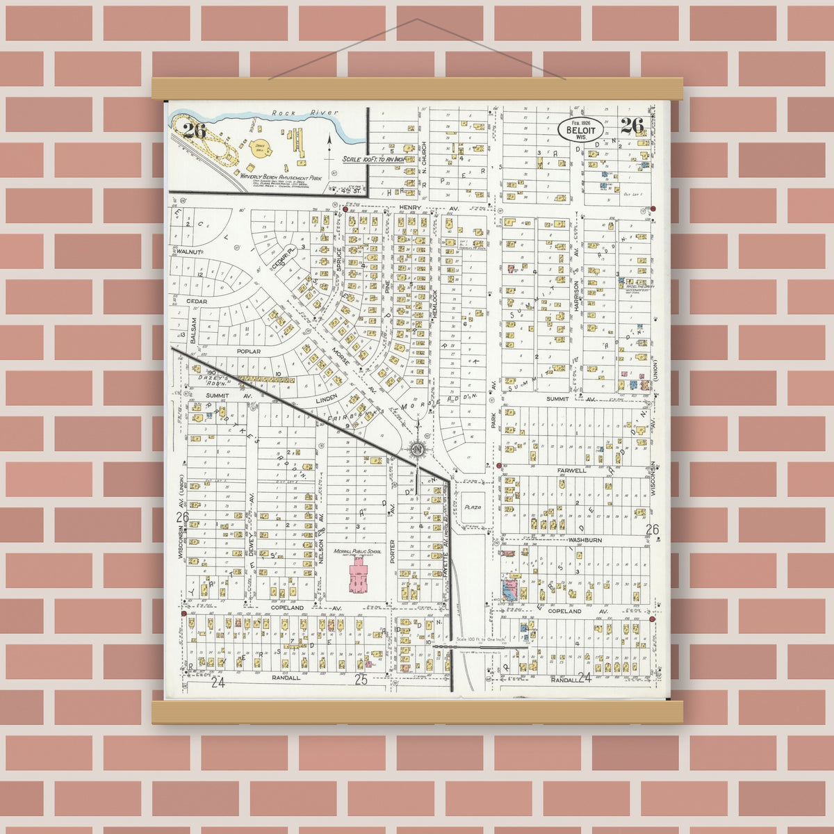Old map wall art mockup — magnetic wood frame on brick wall — Sanborn Fire Insurance Map from Beloit, Rock County, Wisconsin (1926), Sheet #0026