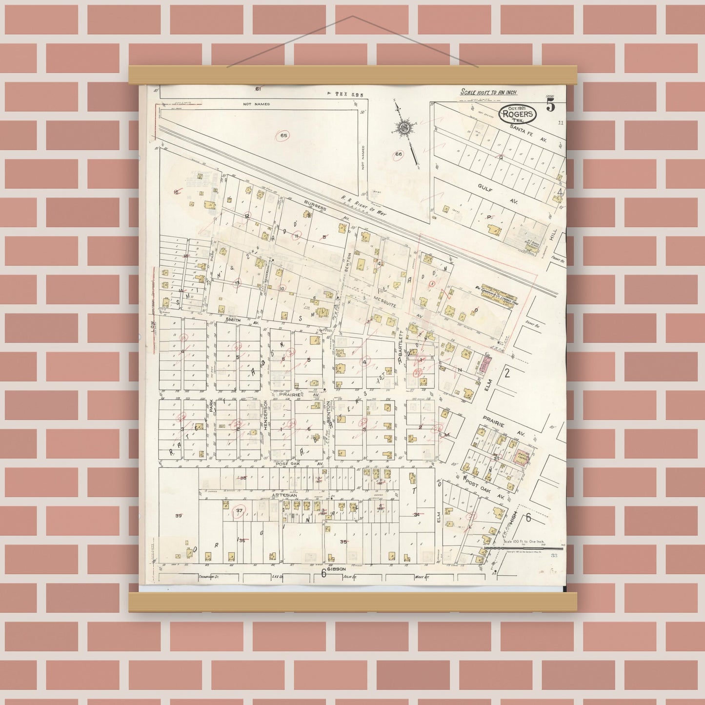 Old map wall art mockup — magnetic wood frame on brick wall — Sanborn Fire Insurance Map from Rogers, Bell County, Texas (1944), Sheet #0005