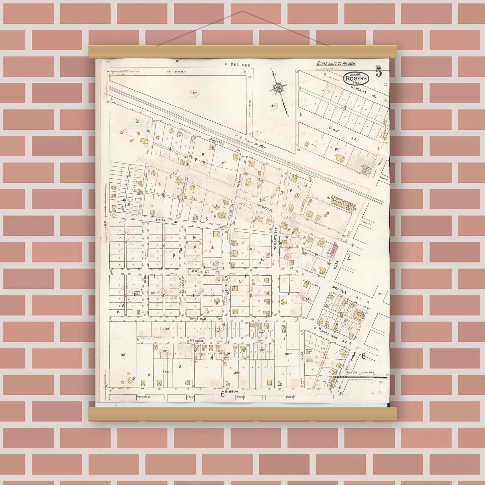 Old map wall art mockup — magnetic wood frame on brick wall — Sanborn Fire Insurance Map from Rogers, Bell County, Texas (1944), Sheet #0005