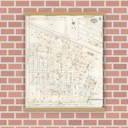 Old map wall art mockup — magnetic wood frame on brick wall — Sanborn Fire Insurance Map from Rogers, Bell County, Texas (1944), Sheet #0005