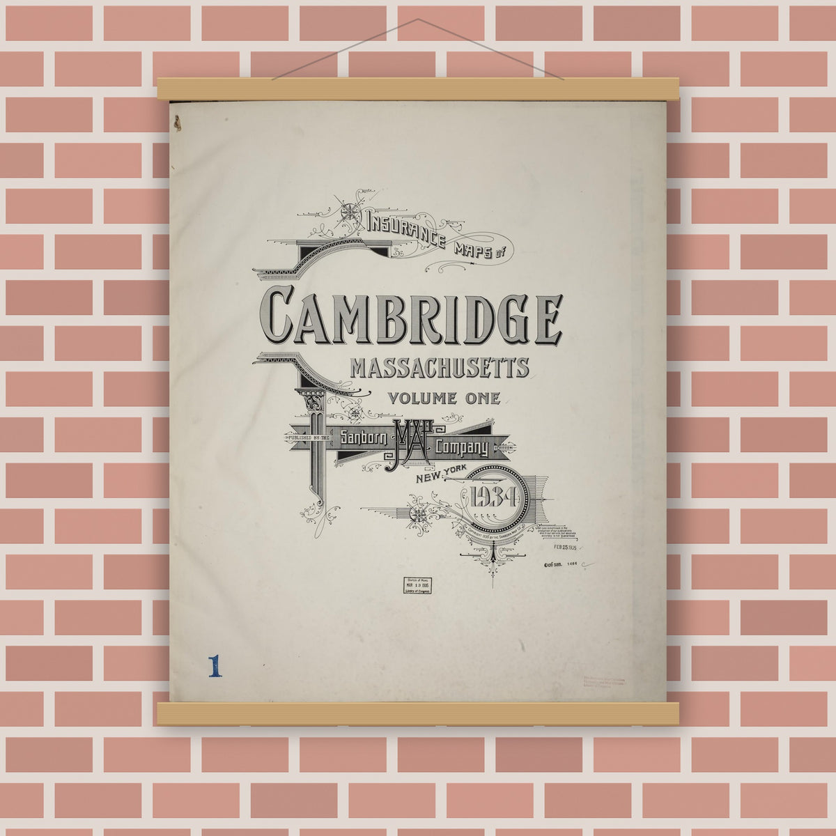 Old map wall art mockup — magnetic wood frame on brick wall — Sanborn Fire Insurance Map from Cambridge, Middlesex County, Massachusetts (1934), Sheet #0001