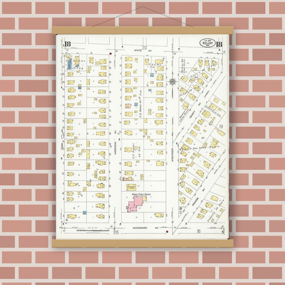 Old map wall art mockup — magnetic wood frame on brick wall — Sanborn Fire Insurance Map from Beloit, Rock County, Wisconsin (1926), Sheet #0018