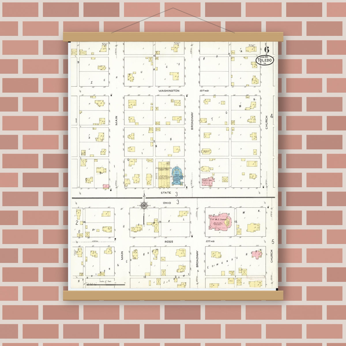 Old map wall art mockup — magnetic wood frame on brick wall — Sanborn Fire Insurance Map from Toledo, Tama County, Iowa (1915), Sheet #0006