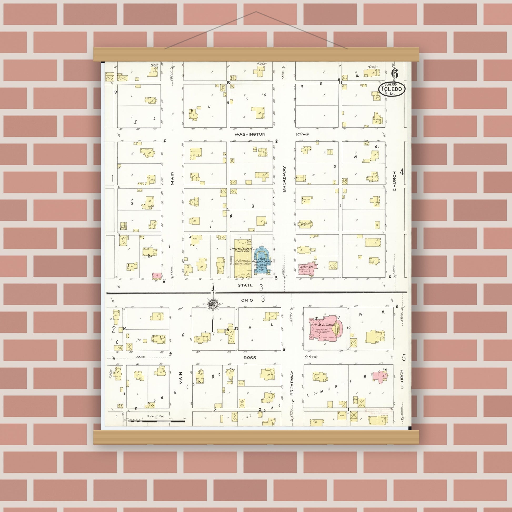 Old map wall art mockup — magnetic wood frame on brick wall — Sanborn Fire Insurance Map from Toledo, Tama County, Iowa (1915), Sheet #0006