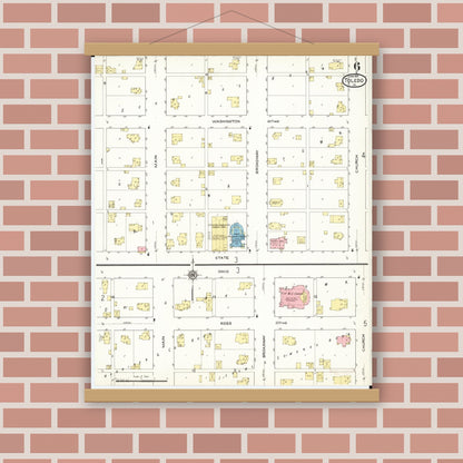 Old map wall art mockup — magnetic wood frame on brick wall — Sanborn Fire Insurance Map from Toledo, Tama County, Iowa (1915), Sheet #0006
