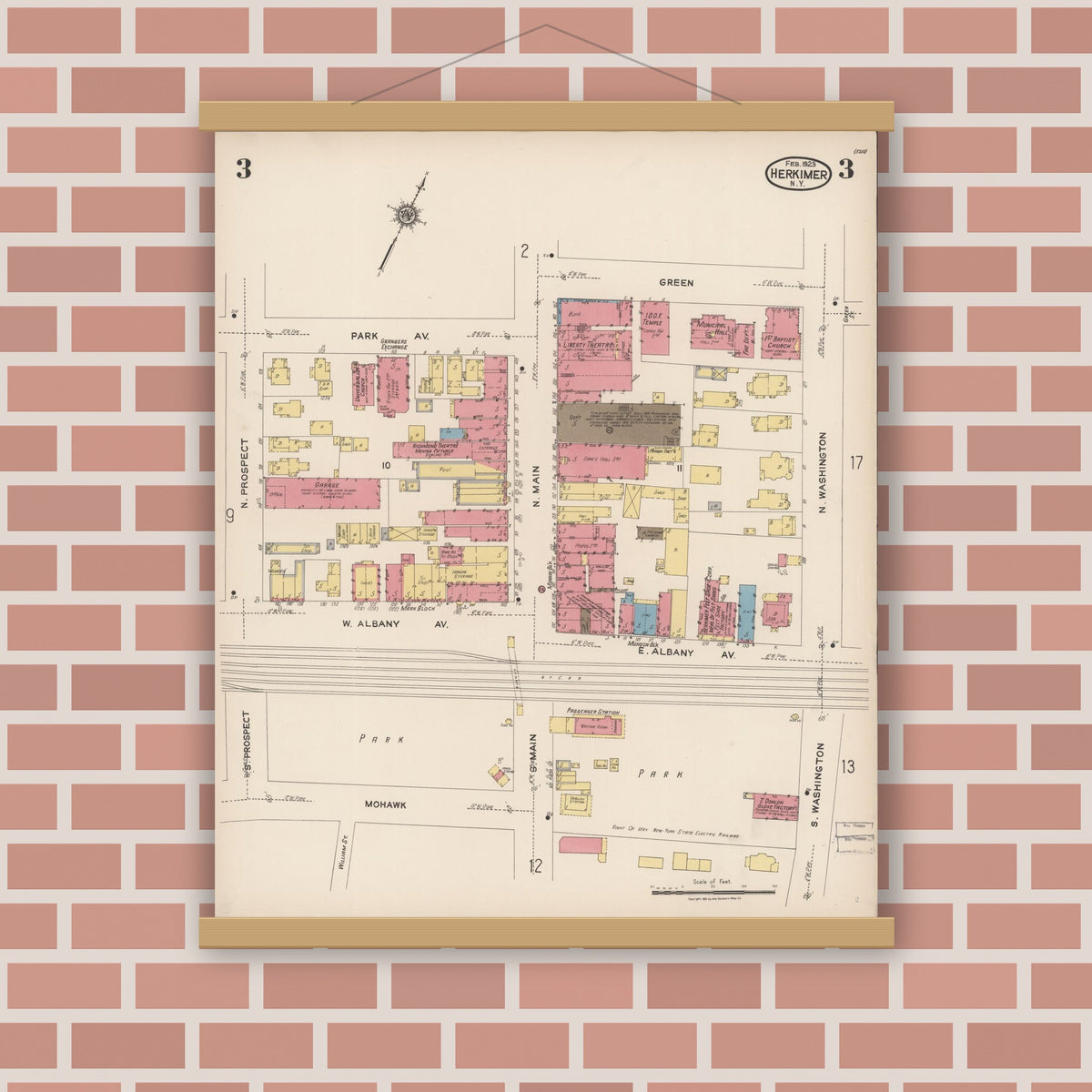 Old map wall art mockup — magnetic wood frame on brick wall — Sanborn Fire Insurance Map from Herkimer, Herkimer County, New York (1923), Sheet #0003