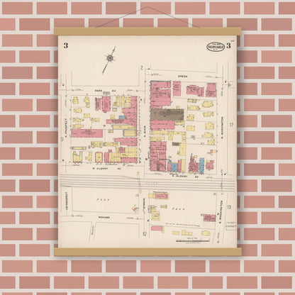Old map wall art mockup — magnetic wood frame on brick wall — Sanborn Fire Insurance Map from Herkimer, Herkimer County, New York (1923), Sheet #0003