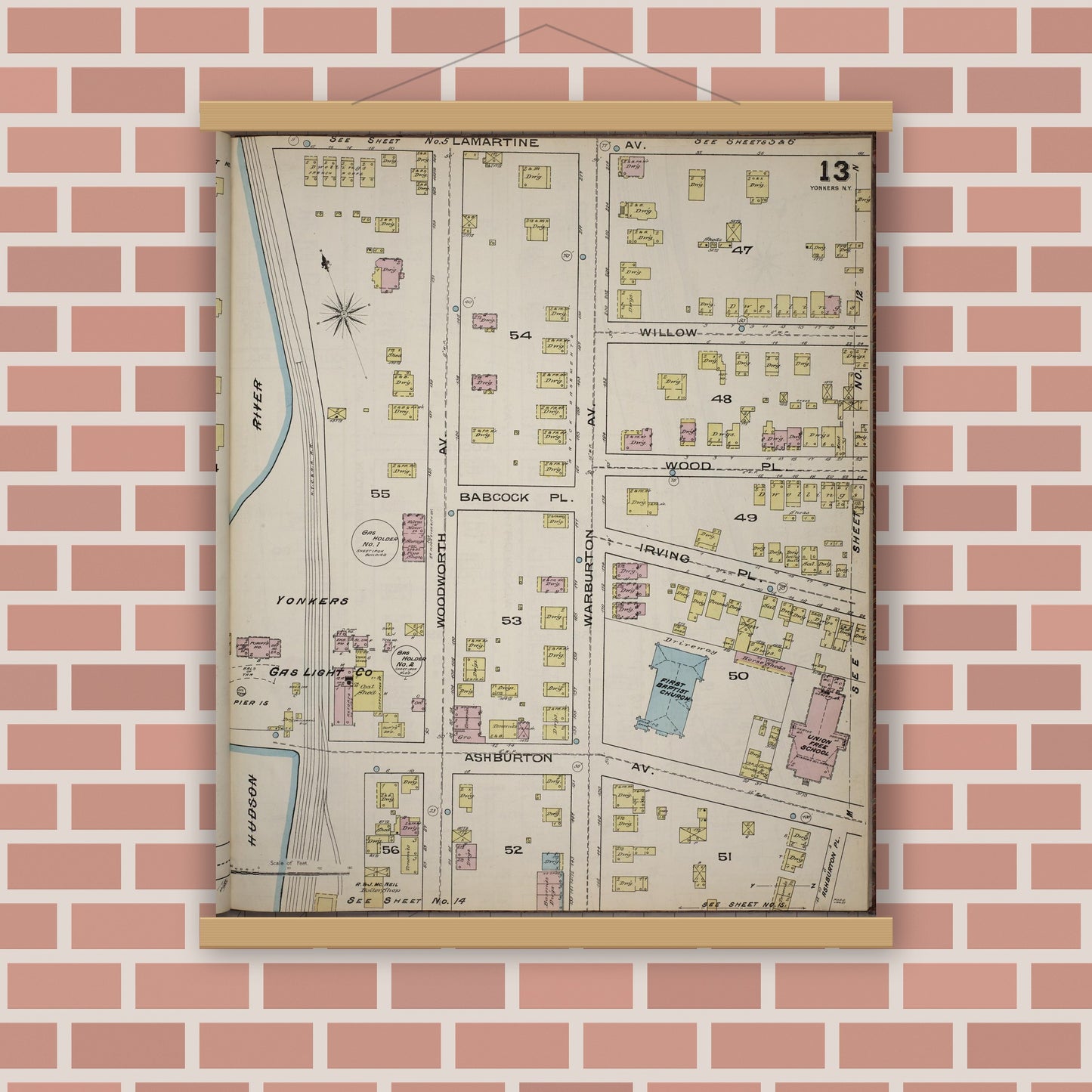 Old map wall art mockup — magnetic wood frame on brick wall — Sanborn Fire Insurance Map from Yonkers, Westchester County, New York (1886), Sheet #0013