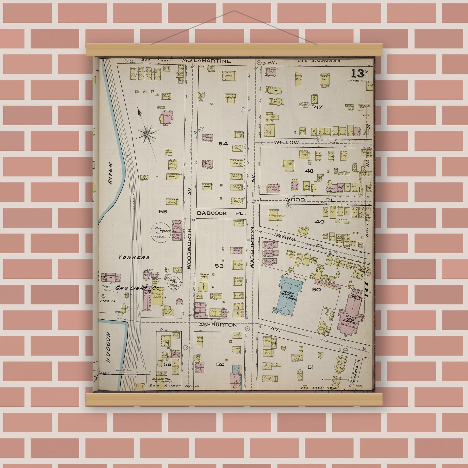 Old map wall art mockup — magnetic wood frame on brick wall — Sanborn Fire Insurance Map from Yonkers, Westchester County, New York (1886), Sheet #0013
