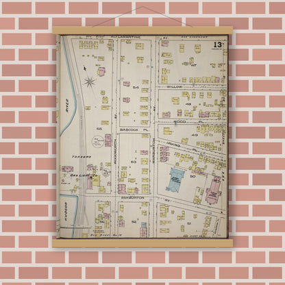 Old map wall art mockup — magnetic wood frame on brick wall — Sanborn Fire Insurance Map from Yonkers, Westchester County, New York (1886), Sheet #0013