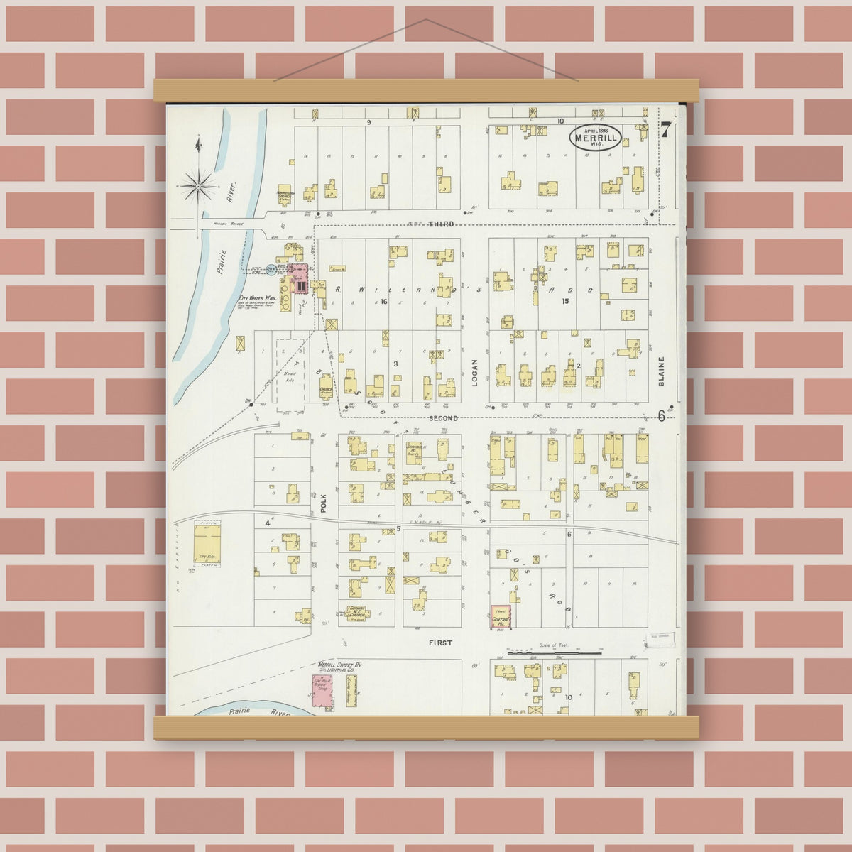 Old map wall art mockup — magnetic wood frame on brick wall — Sanborn Fire Insurance Map from Merrill, Lincoln County, Wisconsin (1898), Sheet #0007