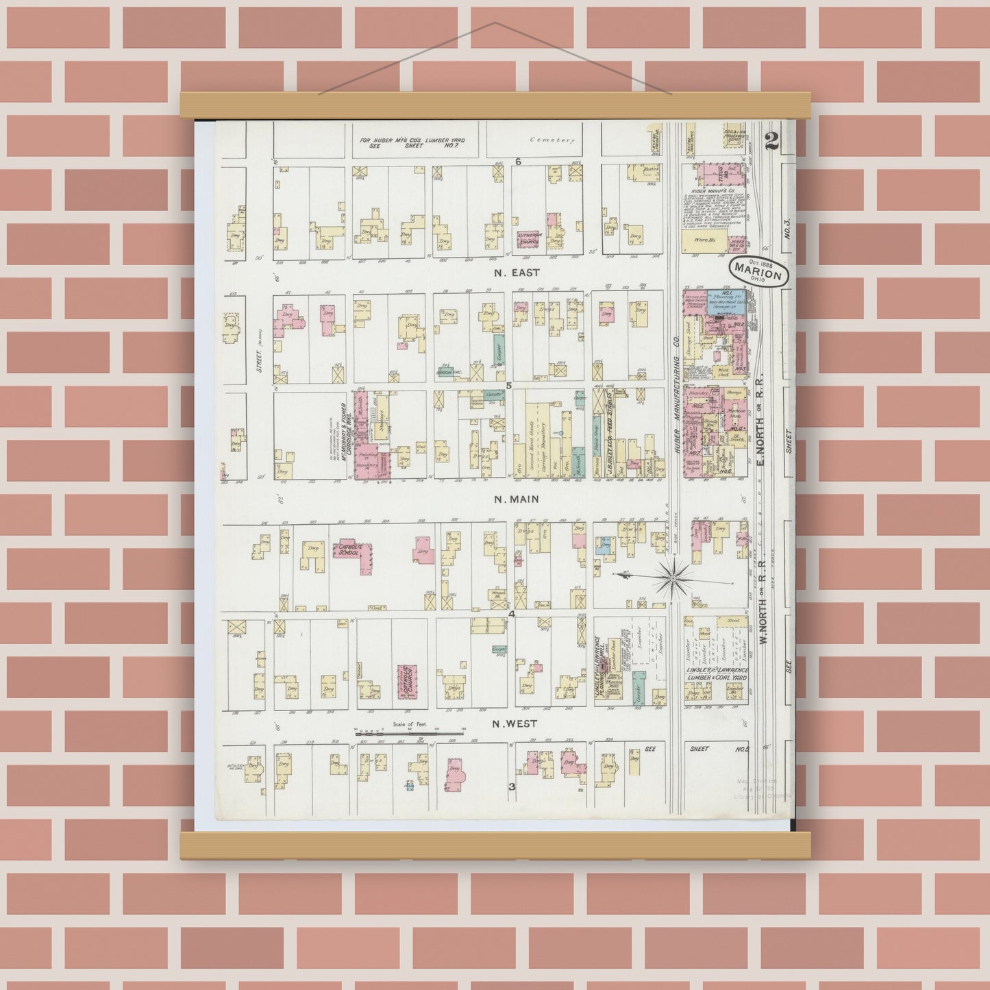 Old map wall art mockup — magnetic wood frame on brick wall — Sanborn Fire Insurance Map from Marion, Marion County, Ohio (1888), Sheet #0002