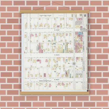 Old map wall art mockup — magnetic wood frame on brick wall — Sanborn Fire Insurance Map from Marion, Marion County, Ohio (1888), Sheet #0002
