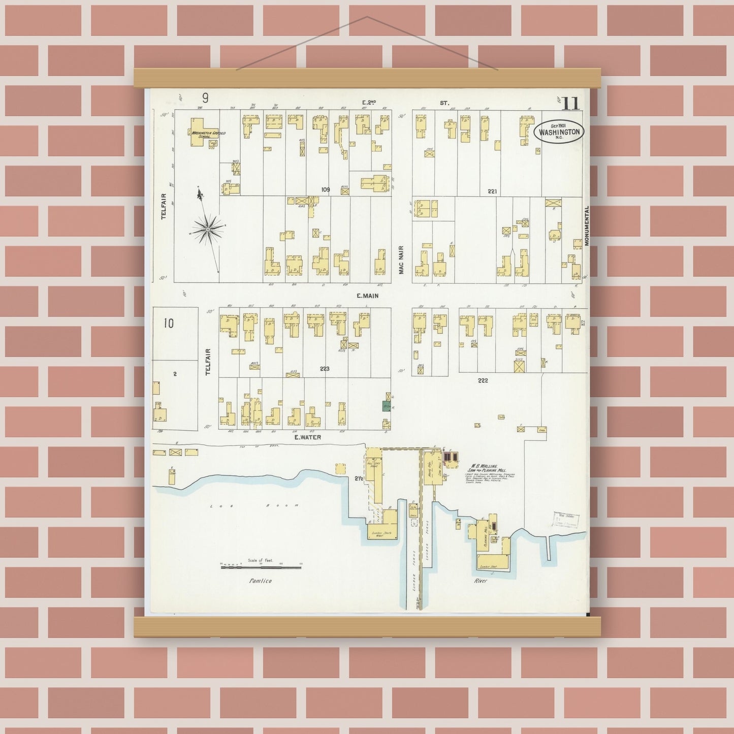 Old map wall art mockup — magnetic wood frame on brick wall — Sanborn Fire Insurance Map from Washington, Beaufort County, North Carolina (1901), Sheet #0011