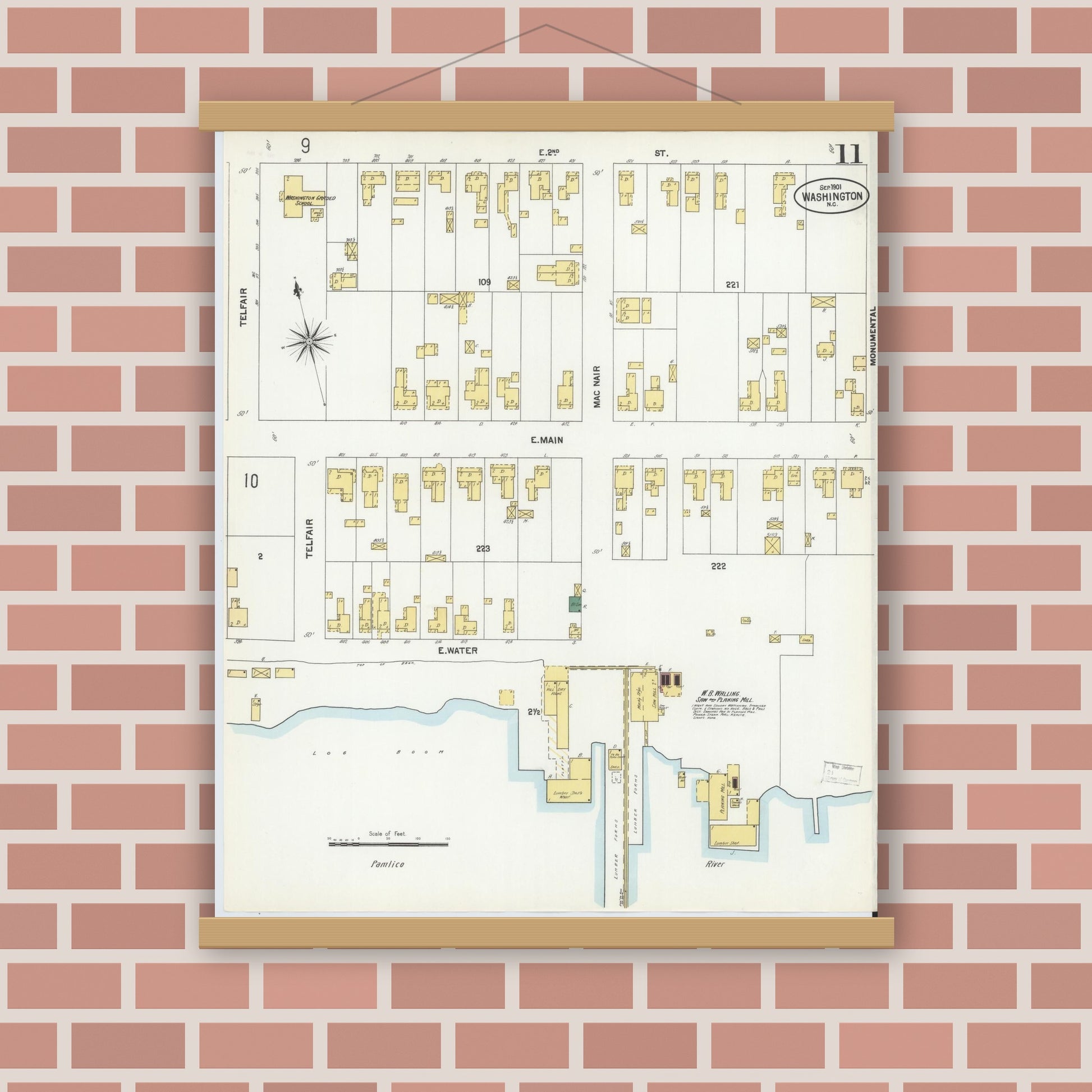 Old map wall art mockup — magnetic wood frame on brick wall — Sanborn Fire Insurance Map from Washington, Beaufort County, North Carolina (1901), Sheet #0011