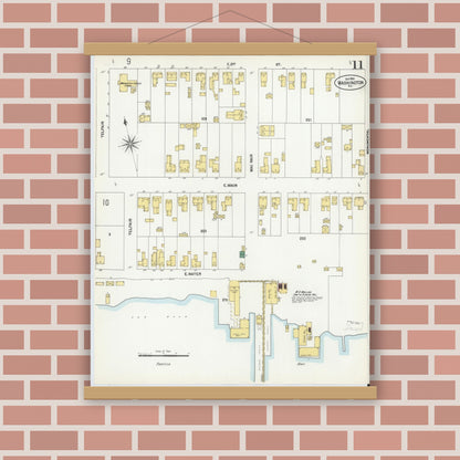 Old map wall art mockup — magnetic wood frame on brick wall — Sanborn Fire Insurance Map from Washington, Beaufort County, North Carolina (1901), Sheet #0011