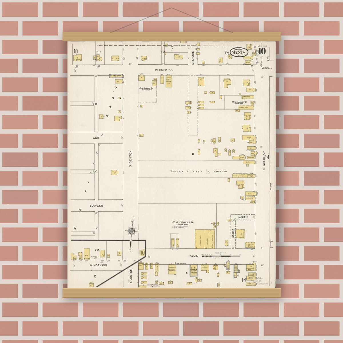 Old map wall art mockup — magnetic wood frame on brick wall — Sanborn Fire Insurance Map from Mexia, Limestone County, Texas (1922), Sheet #0010
