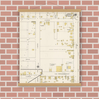 Old map wall art mockup — magnetic wood frame on brick wall — Sanborn Fire Insurance Map from Mexia, Limestone County, Texas (1922), Sheet #0010