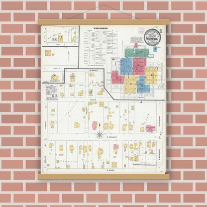 Old map wall art mockup — magnetic wood frame on brick wall — Sanborn Fire Insurance Map from Nashville, Washington County, Illinois (1906) - Complete Map Set