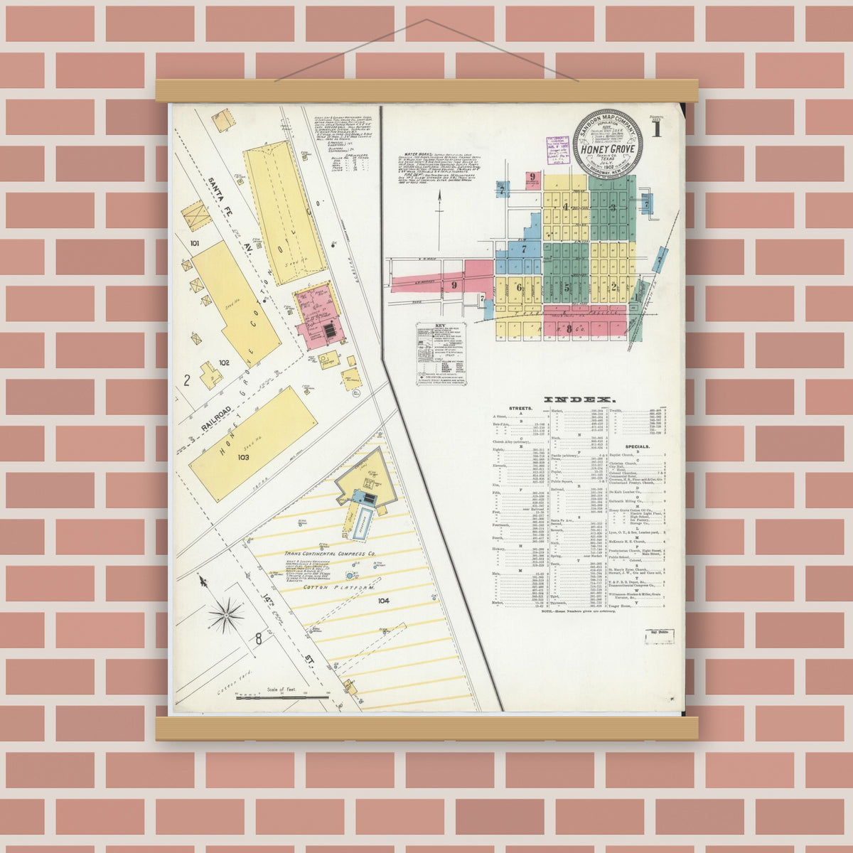Old map wall art mockup — magnetic wood frame on brick wall — Sanborn Fire Insurance Map from Honey Grove, Fannin County, Texas (1902) - Complete Map Set