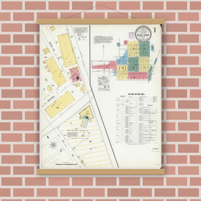 Old map wall art mockup — magnetic wood frame on brick wall — Sanborn Fire Insurance Map from Honey Grove, Fannin County, Texas (1902) - Complete Map Set