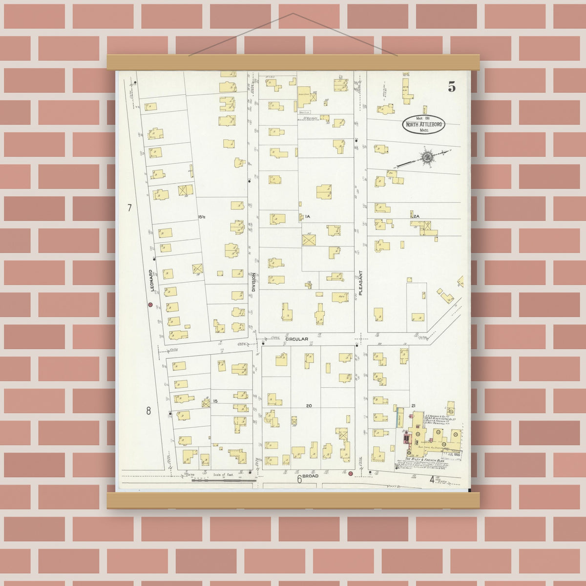 Old map wall art mockup — magnetic wood frame on brick wall — Sanborn Fire Insurance Map from North Attleborough, Bristol County, Massachusetts (1911), Sheet #0005