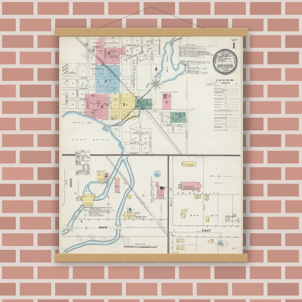 Old map wall art mockup — magnetic wood frame on brick wall — Sanborn Fire Insurance Map from Lake Geneva, Walworth County, Wisconsin (1892) - Complete Map Set