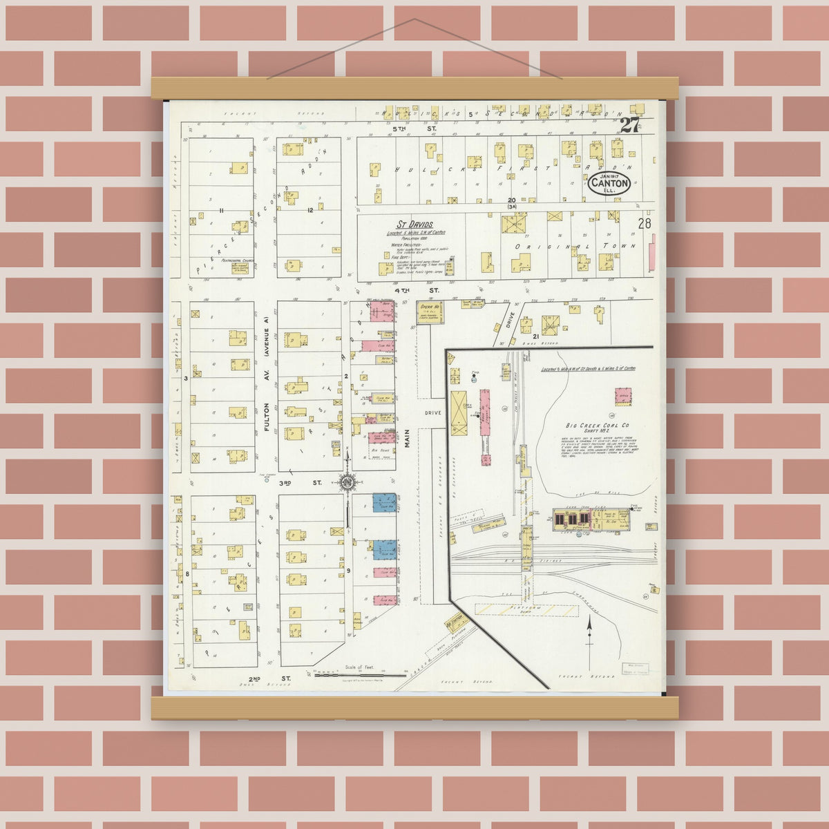 Old map wall art mockup — magnetic wood frame on brick wall — Sanborn Fire Insurance Map from Canton, Fulton County, Illinois (1917), Sheet #0027