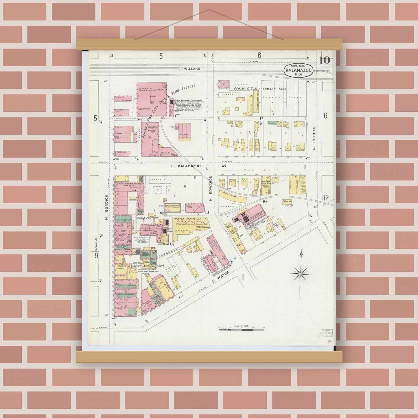 Old map wall art mockup — magnetic wood frame on brick wall — Sanborn Fire Insurance Map from Kalamazoo, Kalamazoo County, Michigan (1896), Sheet #0010