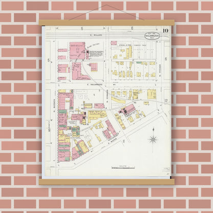 Old map wall art mockup — magnetic wood frame on brick wall — Sanborn Fire Insurance Map from Kalamazoo, Kalamazoo County, Michigan (1896), Sheet #0010