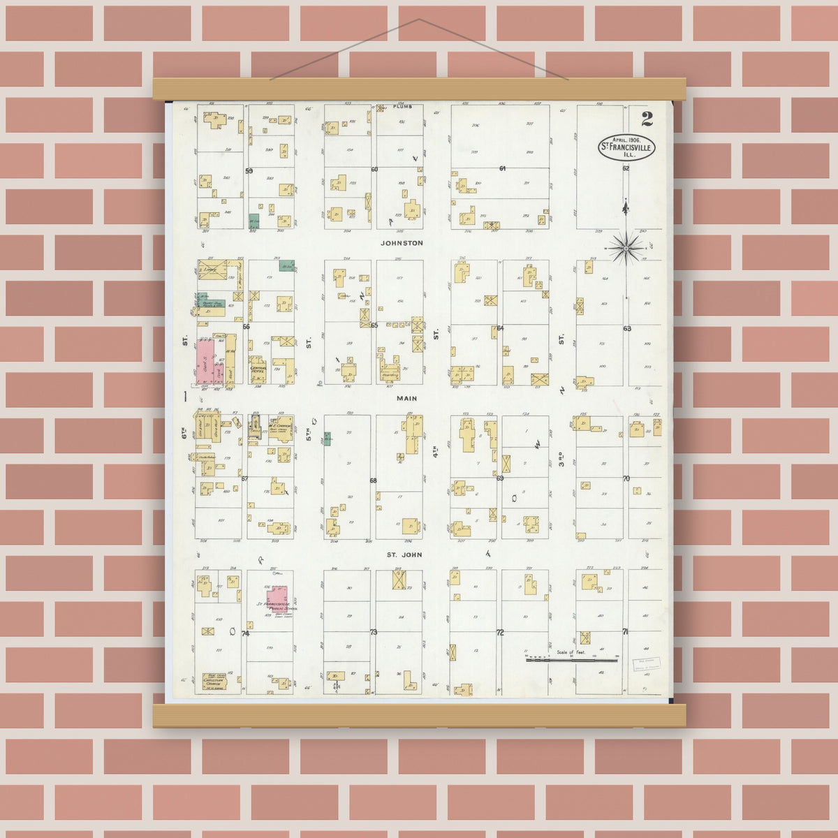 Old map wall art mockup — magnetic wood frame on brick wall — Sanborn Fire Insurance Map from Saint Francisville, Lawrence County, Illinois (1906), Sheet #0002