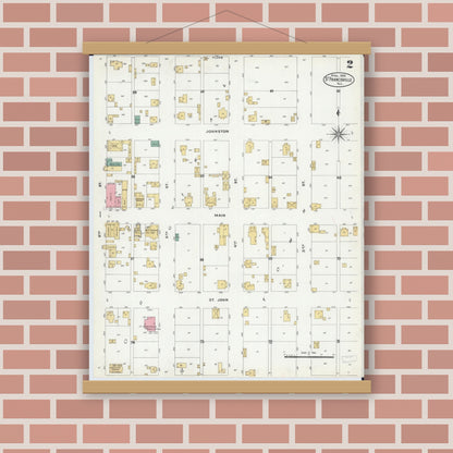 Old map wall art mockup — magnetic wood frame on brick wall — Sanborn Fire Insurance Map from Saint Francisville, Lawrence County, Illinois (1906), Sheet #0002