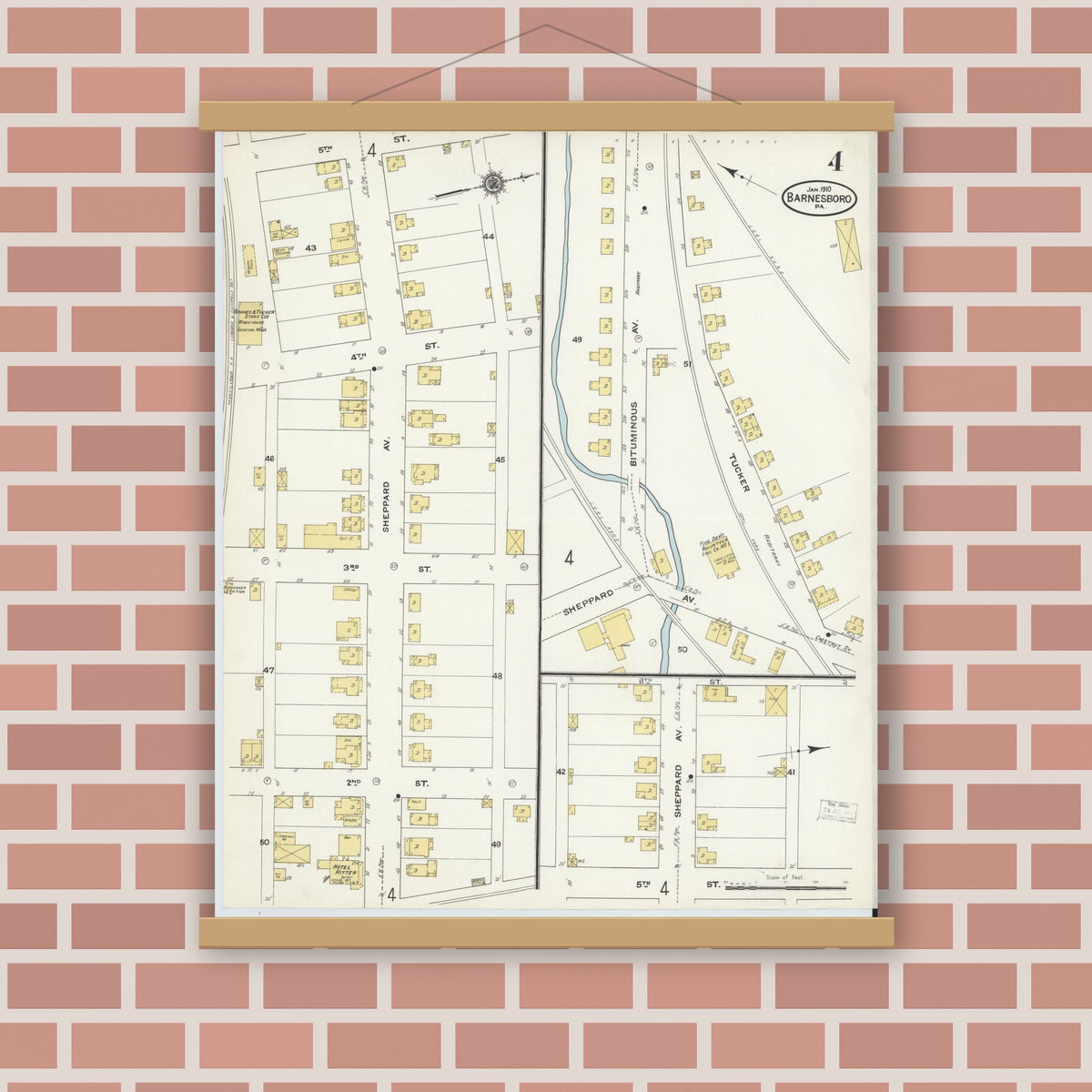 Old map wall art mockup — magnetic wood frame on brick wall — Sanborn Fire Insurance Map from Barnesboro, Cambria County, Pennsylvania (1910), Sheet #0004