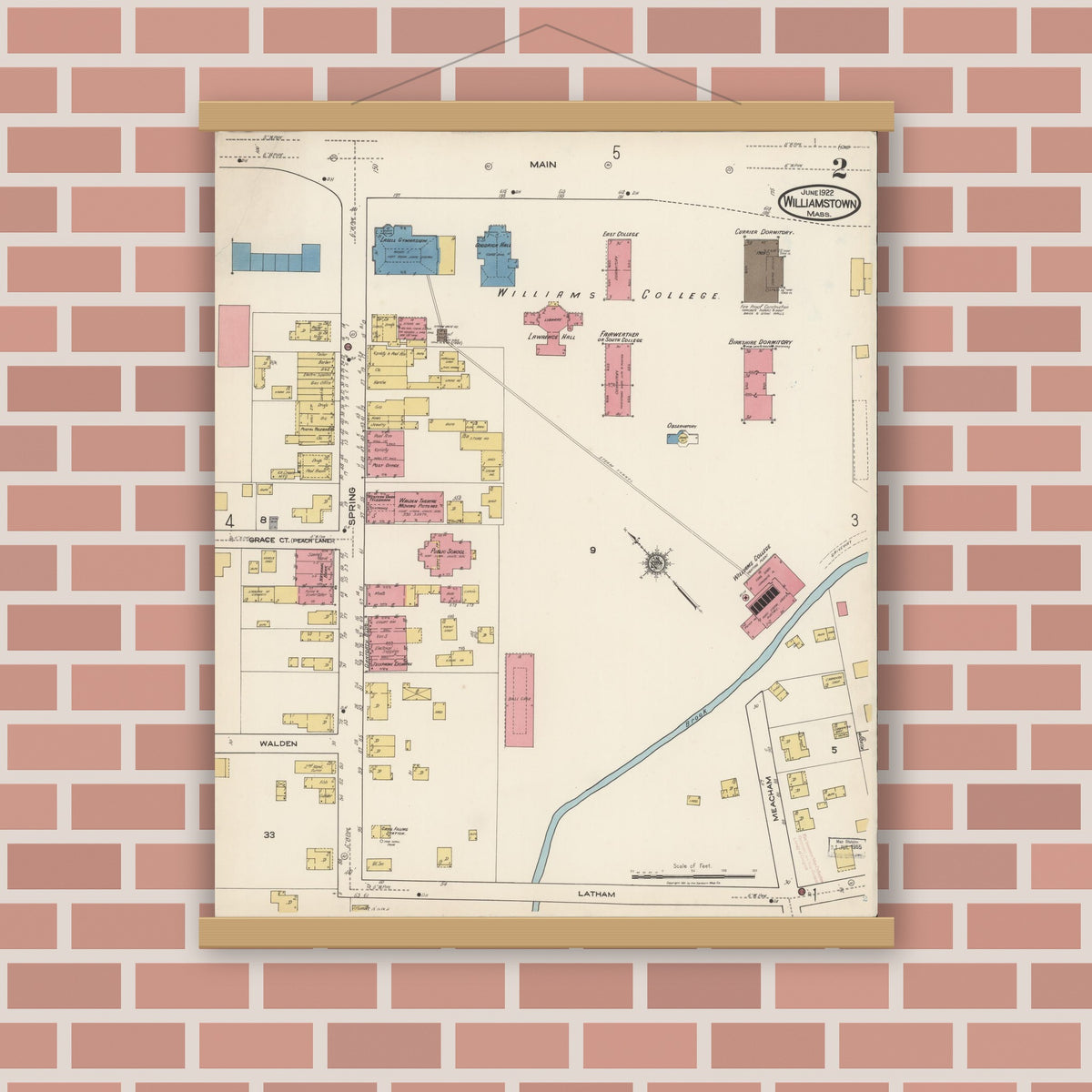Old map wall art mockup — magnetic wood frame on brick wall — Sanborn Fire Insurance Map from Williamstown, Berkshire County, Massachusetts (1922), Sheet #0002