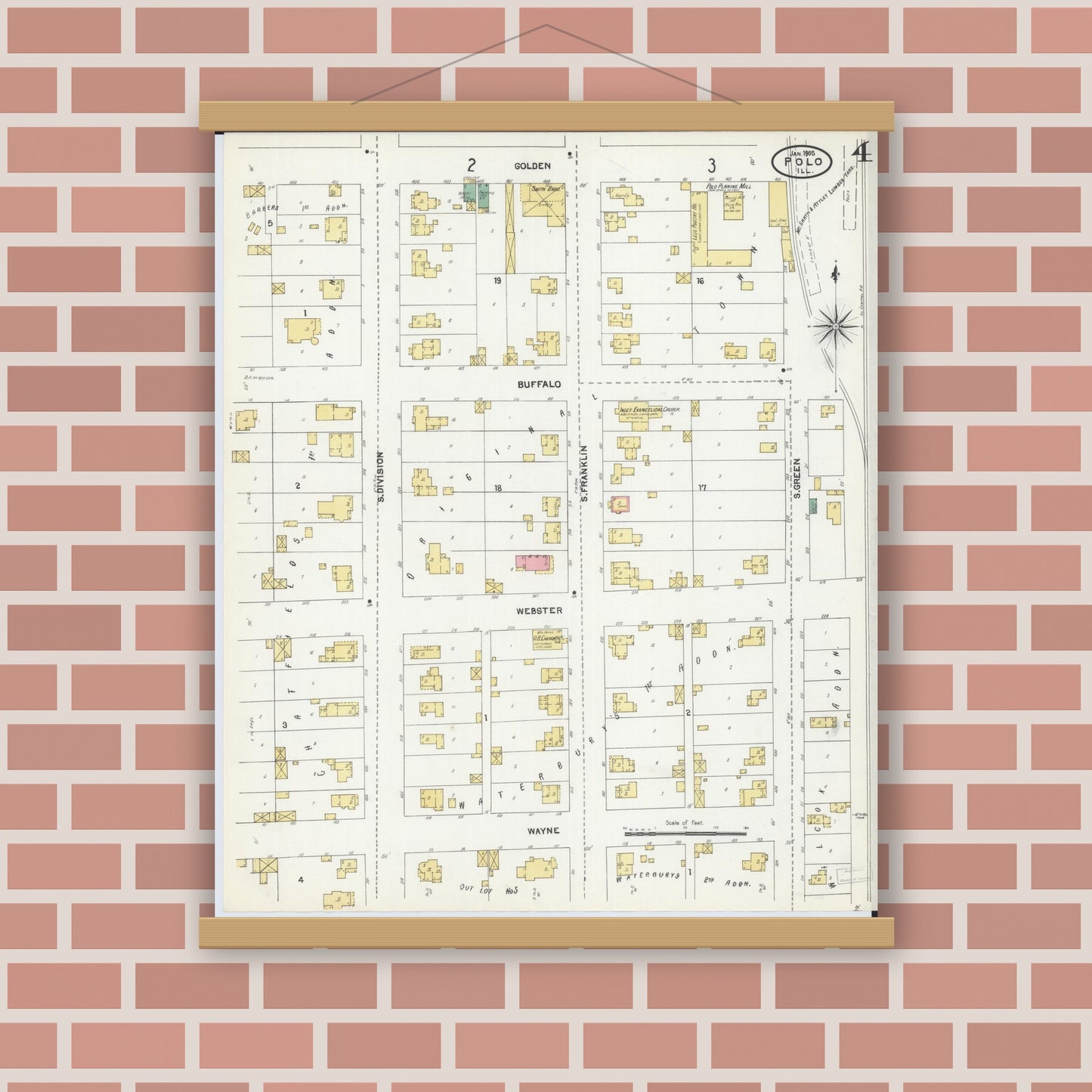 Old map wall art mockup — magnetic wood frame on brick wall — Sanborn Fire Insurance Map from Polo, Ogle County, Illinois (1905), Sheet #0004