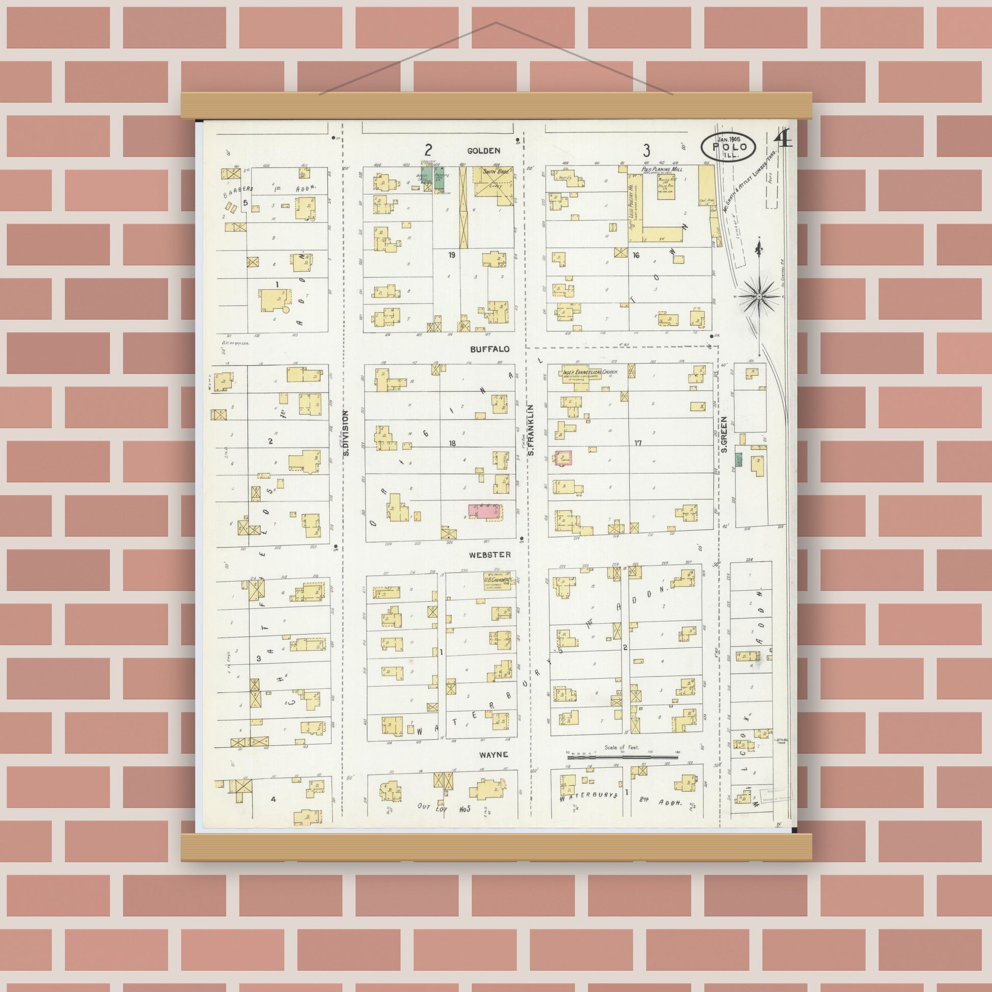 Old map wall art mockup — magnetic wood frame on brick wall — Sanborn Fire Insurance Map from Polo, Ogle County, Illinois (1905), Sheet #0004