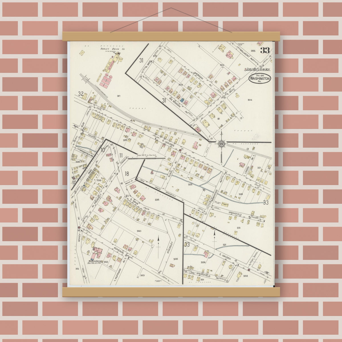 Old map wall art mockup — magnetic wood frame on brick wall — Sanborn Fire Insurance Map from Washington, Washington County, Pennsylvania (1914), Sheet #0033