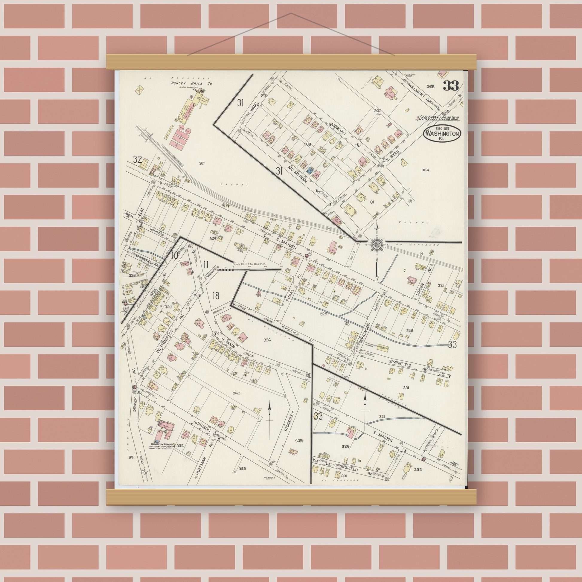 Old map wall art mockup — magnetic wood frame on brick wall — Sanborn Fire Insurance Map from Washington, Washington County, Pennsylvania (1914), Sheet #0033