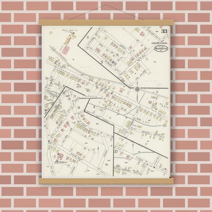 Old map wall art mockup — magnetic wood frame on brick wall — Sanborn Fire Insurance Map from Washington, Washington County, Pennsylvania (1914), Sheet #0033