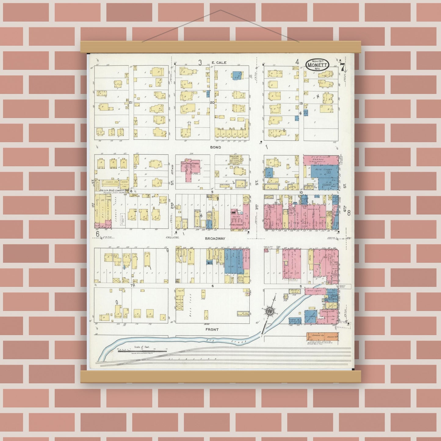Old map wall art mockup — magnetic wood frame on brick wall — Sanborn Fire Insurance Map from Monett, Barry County, Missouri (1917), Sheet #0007